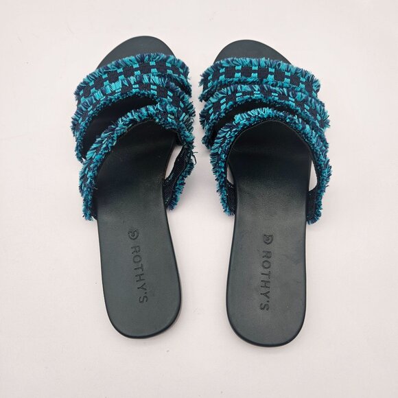 Rothys Triple Strap Fringe Slip On Sandals Blue Flats Womens Sz 10.5 NEW - Picture 4 of 5